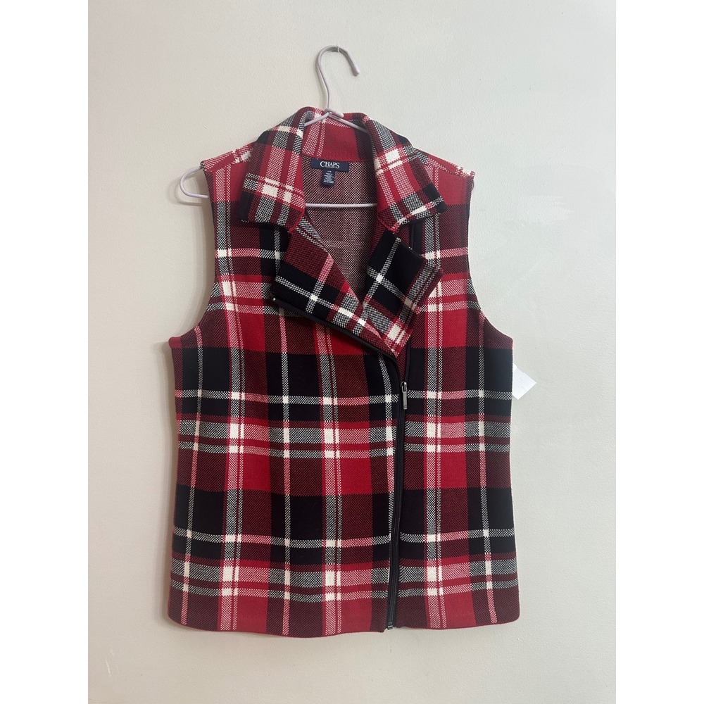 Chaps Womens Red Plaid Asymmetrical Zip Cotton Knit Vest Size L